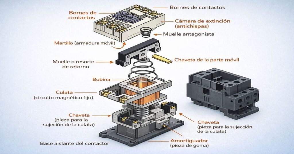 Partes internas de un contactor eléctrico industrial