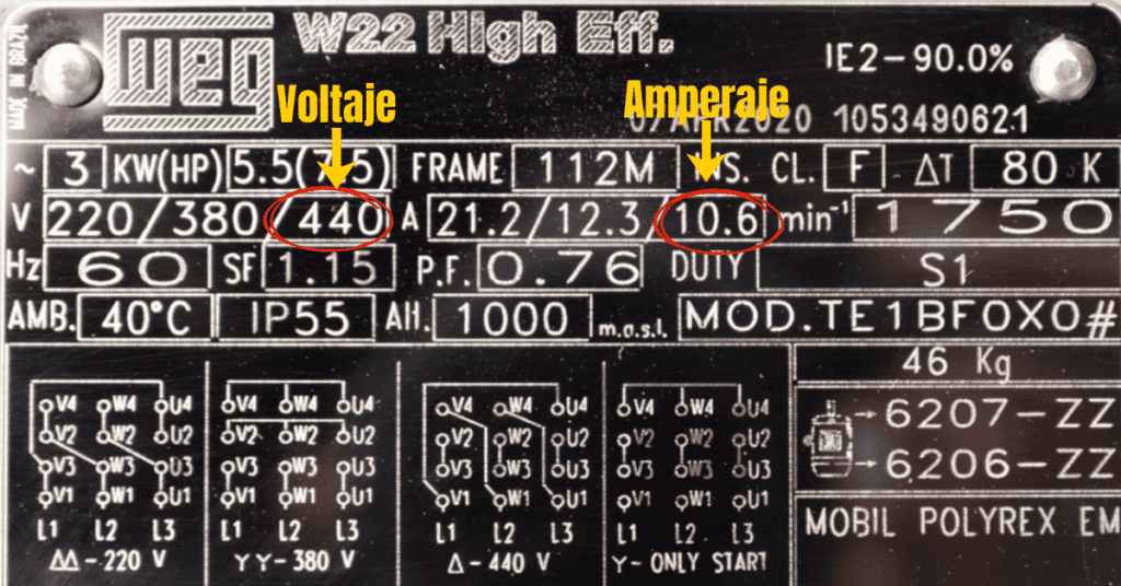 Placa de datos de un motor trifásico en donde se muestra la Corriente nominal
