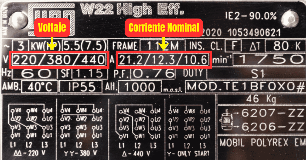 Placa de dato de un motor trifásico en donde muestra la corriente y voltaje de operación
