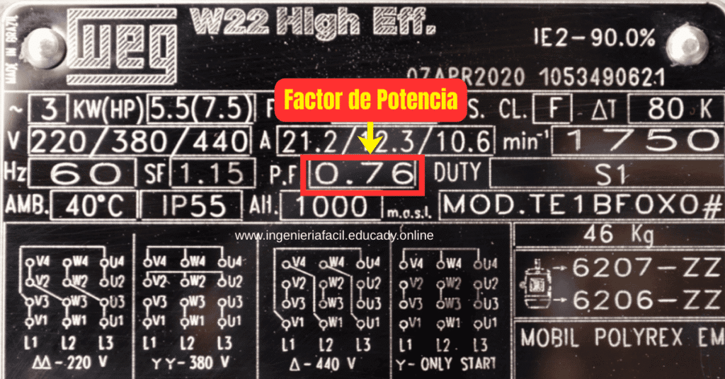 Placa de datos de un motor trifasico en donde muestra el factor de potencia