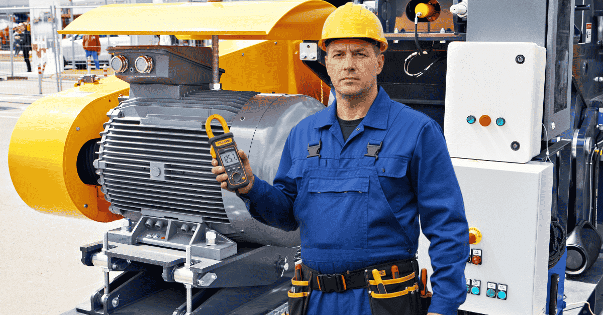 técnico con amperímetro en la mano