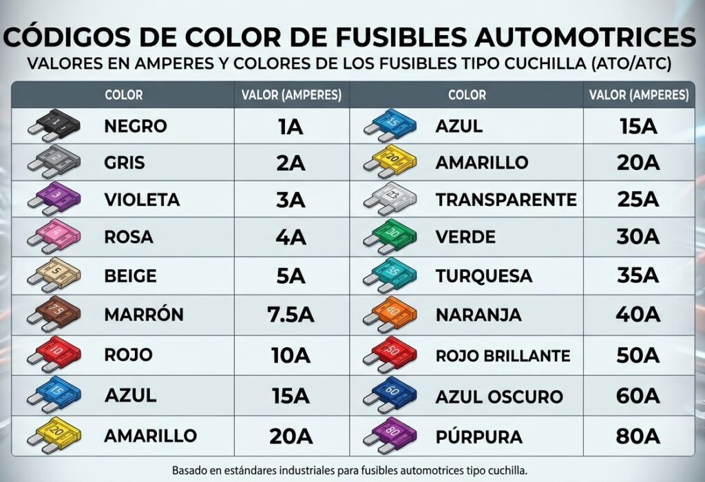 Tabla amperaje de fusible automotriz por colores