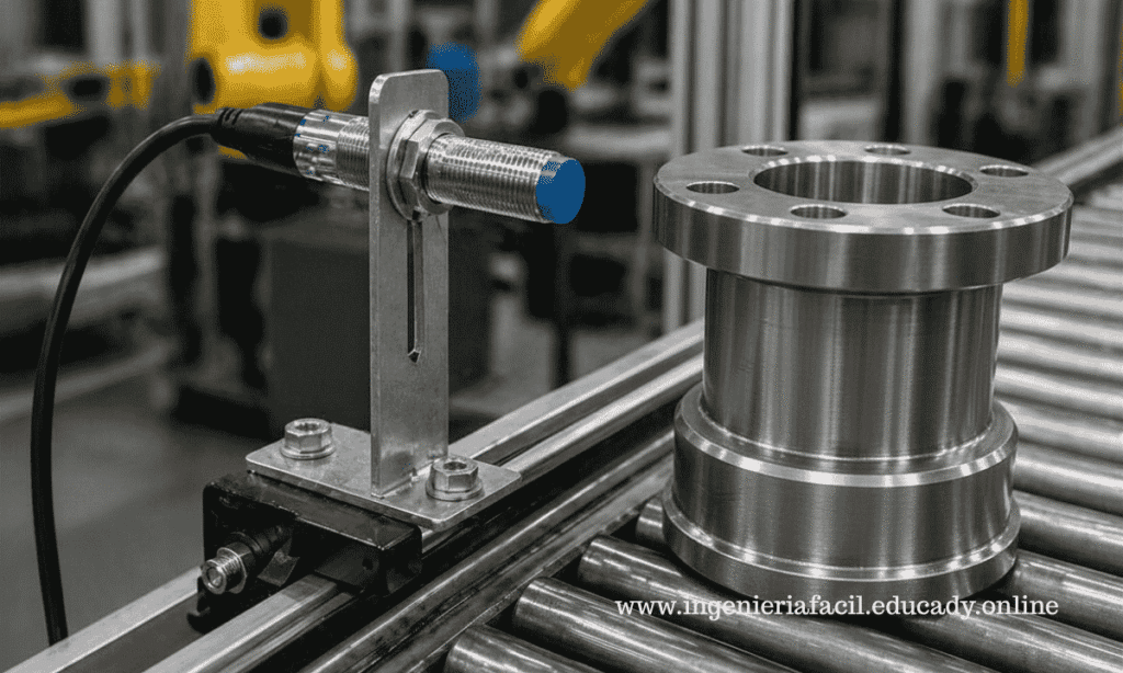 Sensor inductivo en operación en conveyor