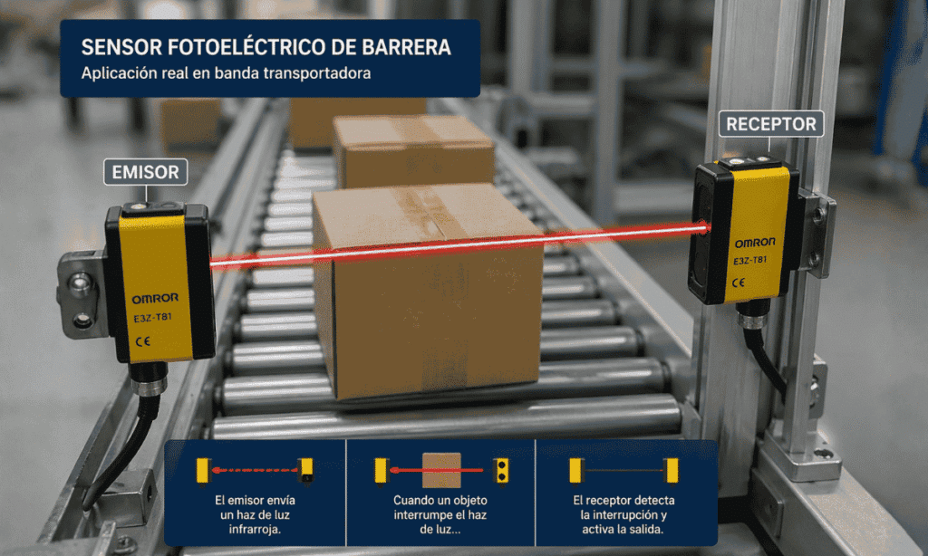 Sensor fotoelectrico de barrera en conveyor industrial