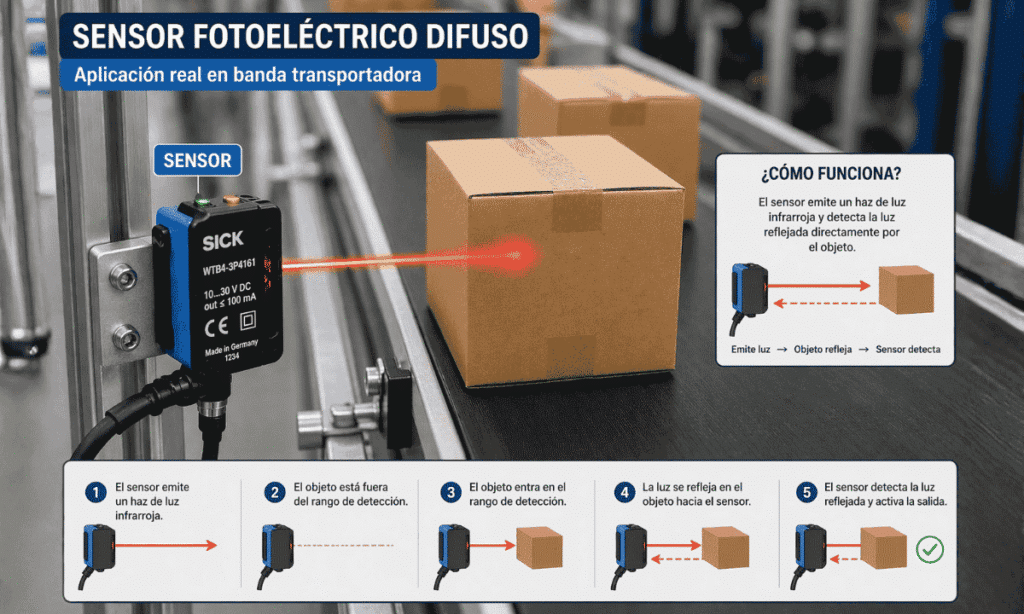 Sensor difuso industrial en banda transportadora
