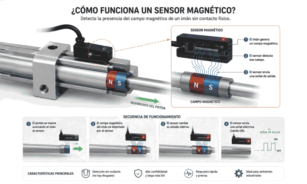 funcionamiento de un sensor magnético industrial