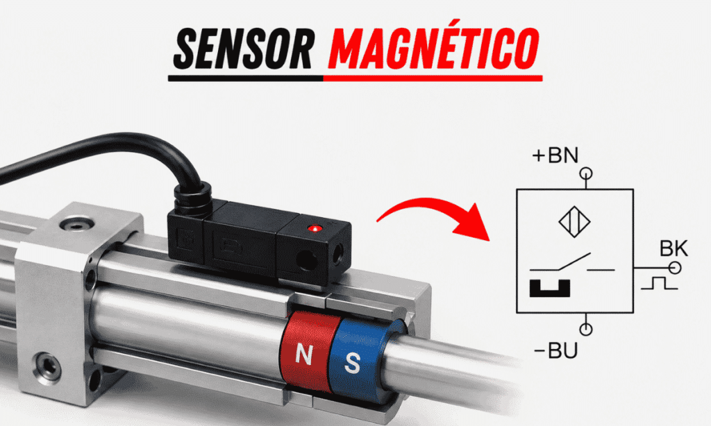 sensor magnetico industrial detectando la posición de un cilindro neumático