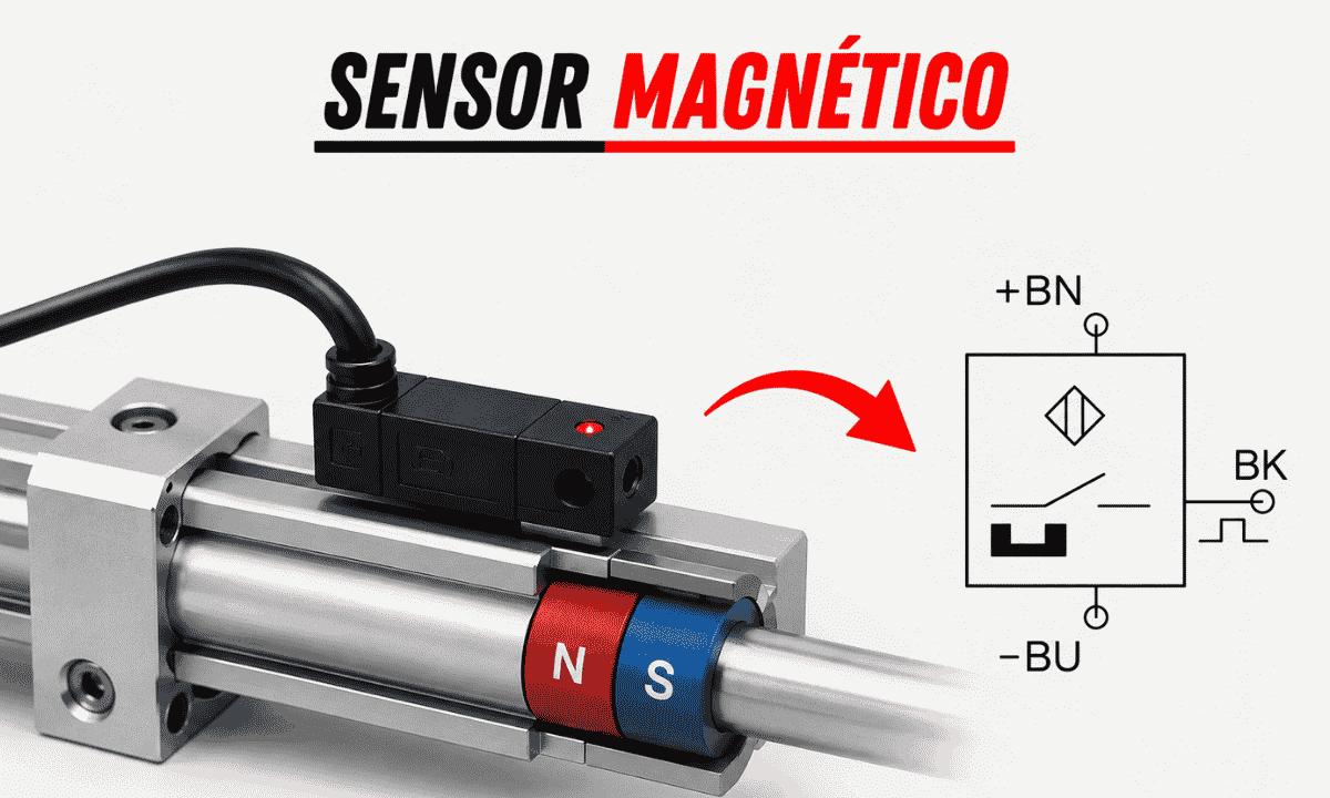 sensor magnetico industrial detectando la posición de un cilindro neumático